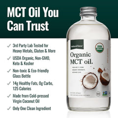 Close-up of the MCT oil label on the glass bottle