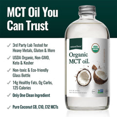 Natural Force Organic MCT Oil being poured, highlighting smooth texture for coffee or tea.