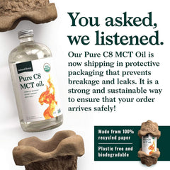 Back label with ingredients and nutrition information on the Natural Force C8 MCT Oil bottle