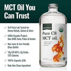 Cap and glass bottle close-up of Natural Force Organic Pure C8 MCT Oil
