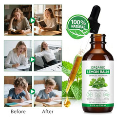 Clear bottle showing Lemon Balm tincture with natural liquid