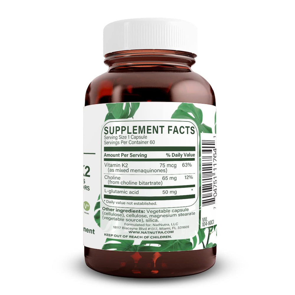 K2 capsules close-up showing 75 mcg per capsule