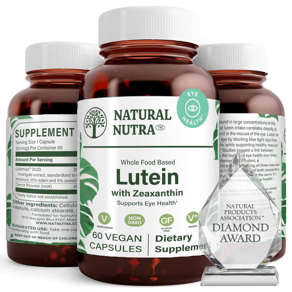 Natural Nutra Lutein & Zeaxanthin 60 capsules in gluten-free and soy-free formula in amber glass bottle