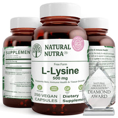Amber glass bottle containing 250 capsules of Natural Nutra L Lysine HCl 500 mg