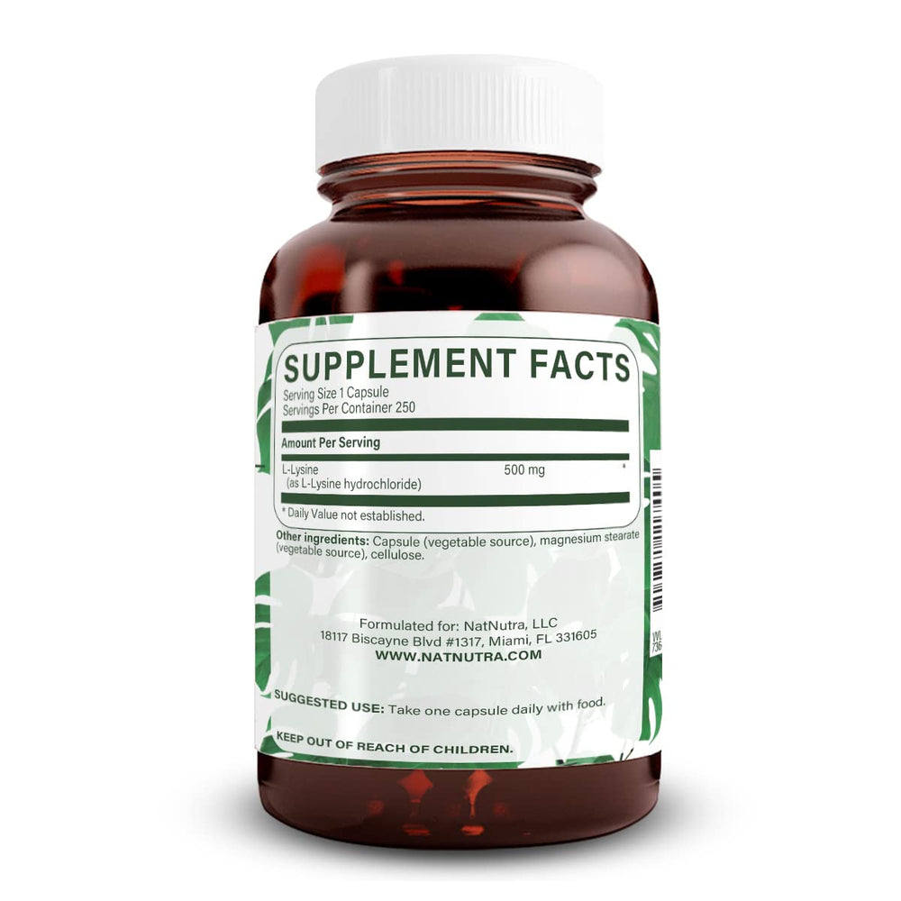 Ingredient panel showing L-Lysine HCl 500 mg per capsule