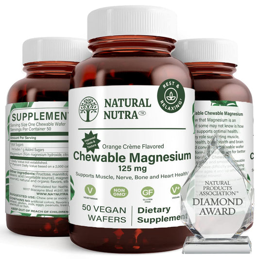 Front view of Natural Nutra Magnesium Chewable bottle with label