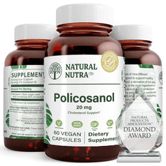 Amber glass bottle of Natural Nutra Policosanol 20mg with 60 vegan capsules.