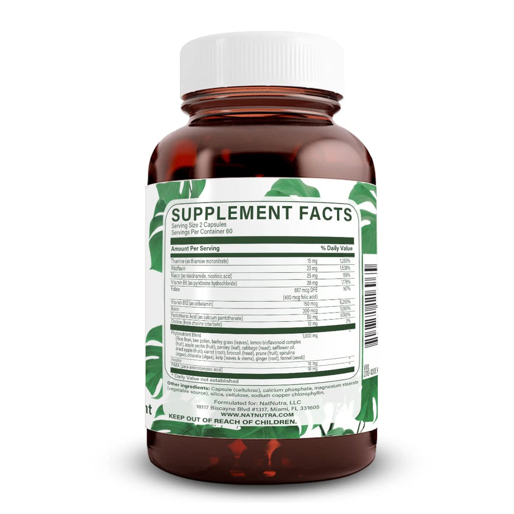Back label showing nutrition facts for Natural Nutra Vitamin B Complex.
