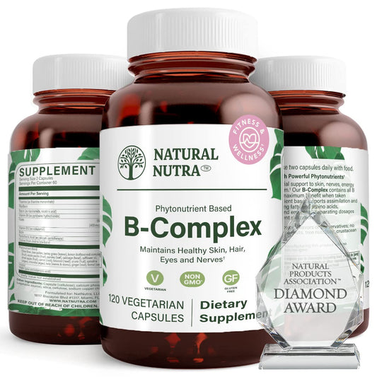 Front view of Natural Nutra Vitamin B Complex bottle with 120 vegetarian capsules.