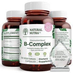 Front view of Natural Nutra Vitamin B Complex bottle with 120 vegetarian capsules.