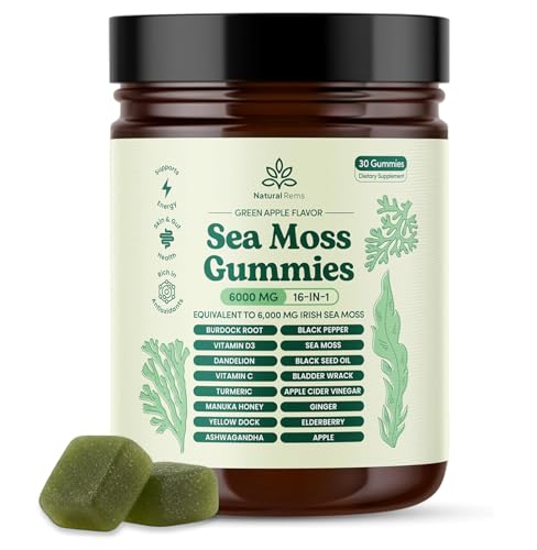 Bottle label of Natural Rems Sea Moss Gummies 16-in-1 in green apple flavor