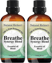 Bottle of Natural Riches Breathe Essential Oil Blend with peppermint and eucalyptus notes