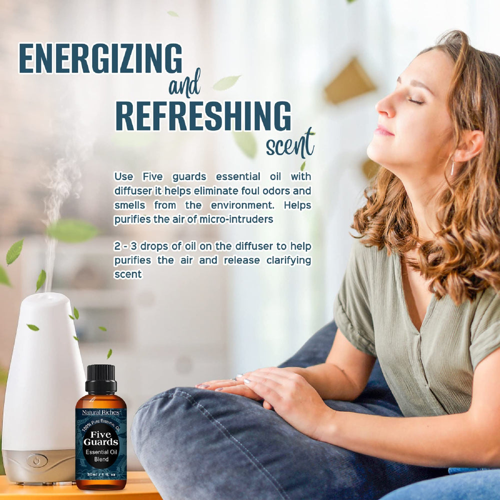 Home cleaning setup using Five Guards essential oil blend