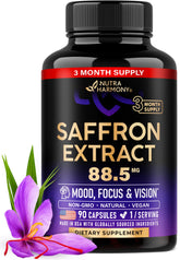 Bottle of Natural Saffron Supplements showing 88.5 mg saffron extract per capsule