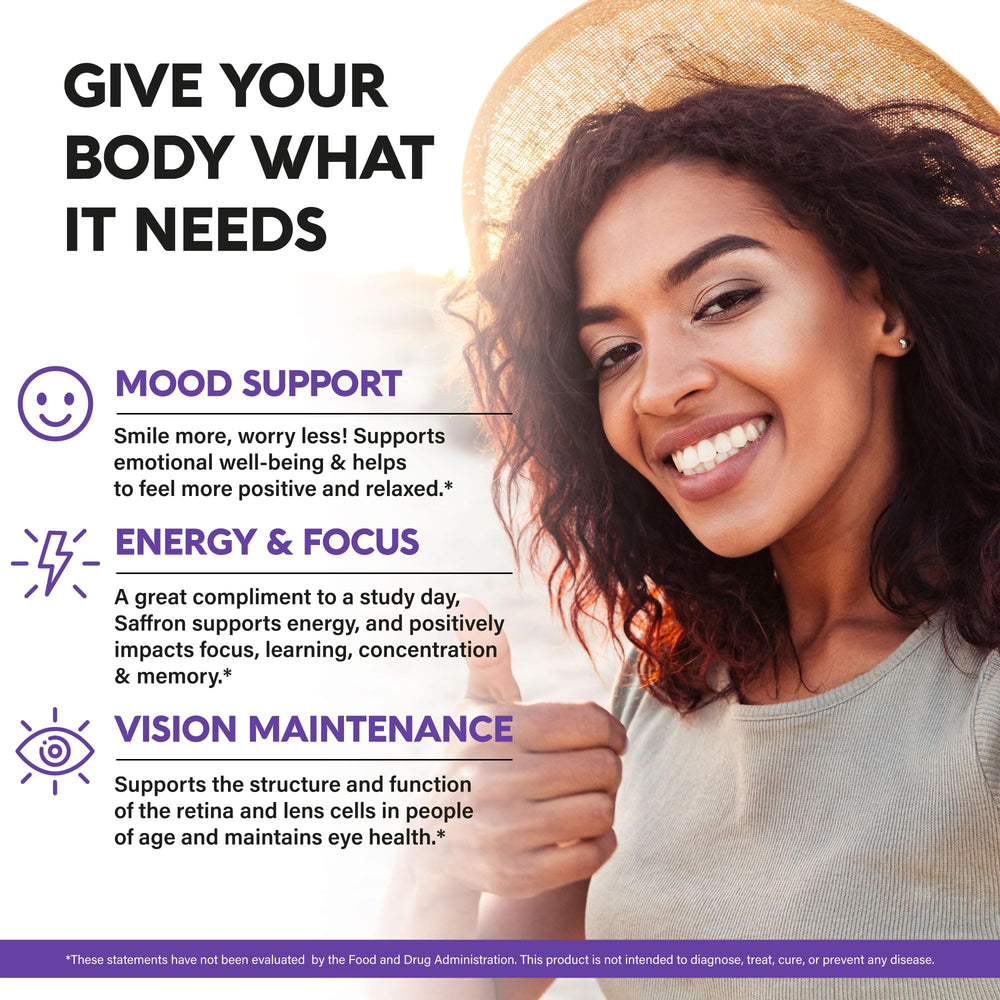 USA-made saffron supplement label highlighting non-GMO and vegan formula