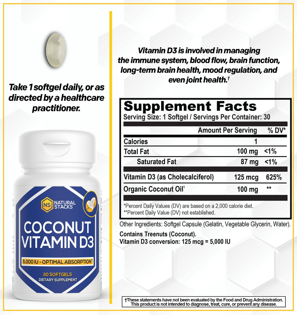 D3 5000 IU capsules with coconut oil for enhanced absorption