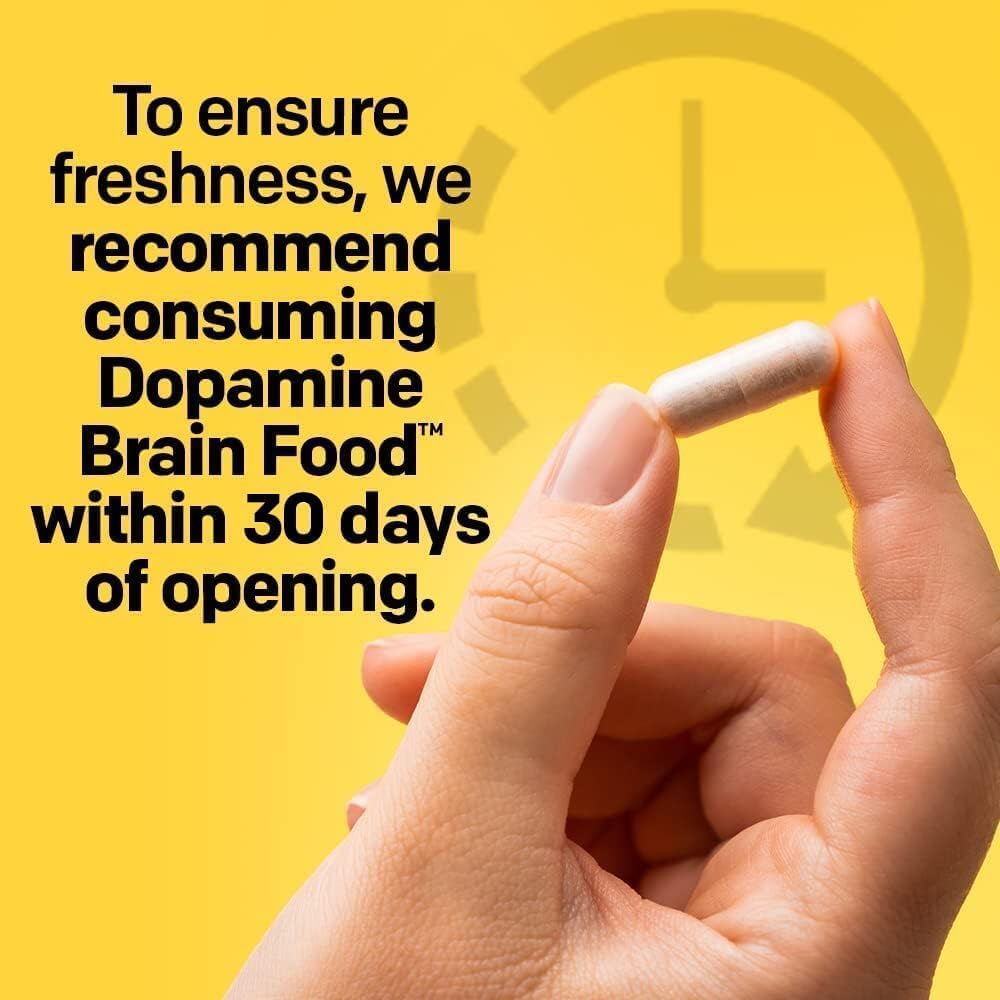 Natural Stacks Dopamine Brain Food packaging demonstrates open-bottle freshness and traceable ingredients.