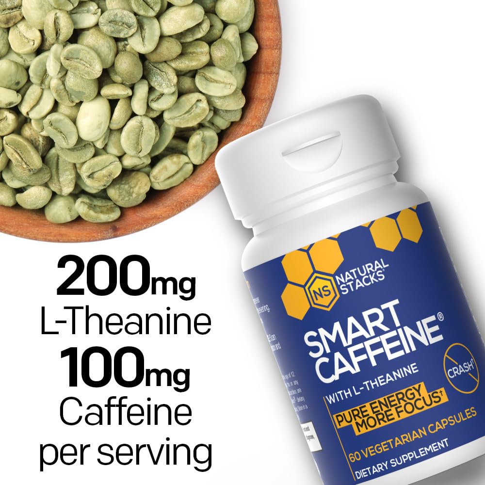 Supplement facts label showing 100 mg caffeine and 200 mg L-Theanine