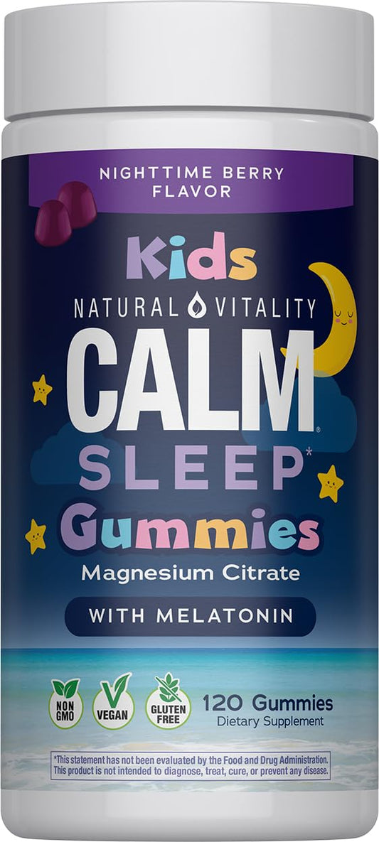 Bottle of Natural Vitality CALM Kids Sleep Gummies in Nighttime Berry flavor, 120 gummies