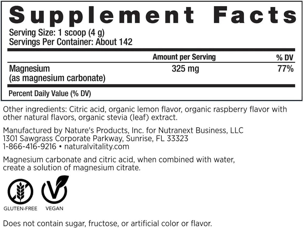20 oz container of Natural-Vitality Calm Magnesium Citrate Powder with nutrition facts