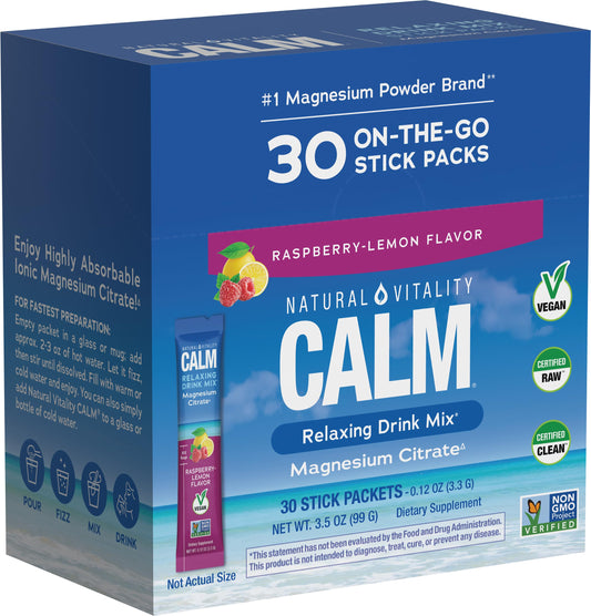 Natural Vitality CALM magnesium drink mix Raspberry Lemon 30 single-serve packets