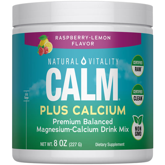 8 oz bottle of Natural Vitality CALM Raspberry Lemon magnesium and calcium drink mix