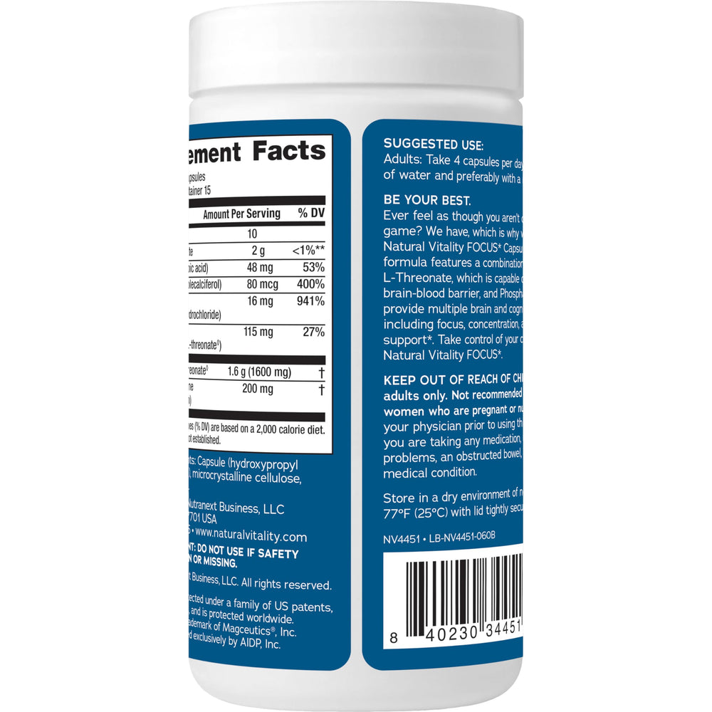 Bottle of Natural Vitality Focus containing 60 capsules