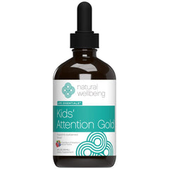 Bottle of Natural Wellbeing Kids' Attention Gold with Mixed Berry & Raspberry flavor