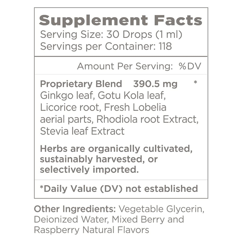 Front view of Natural Wellbeing Kids' Attention Gold 4 oz bottle with berry flavor