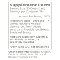 Front view of Natural Wellbeing Kids' Attention Gold 4 oz bottle with berry flavor