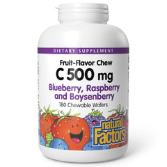 Bottle packaging featuring Natural Factors Kids Vitamin C 500 mg chewables with blueberry, raspberry and boysenberry imagery