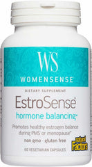 Natural Factors EstroSense bottle front highlights vegan and non-GMO hormone balance.