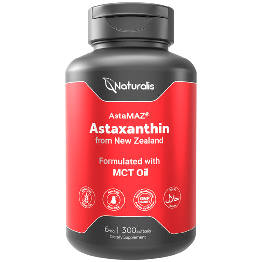 Naturalis Astaxanthin bottle with label showing 6 mg per softgel