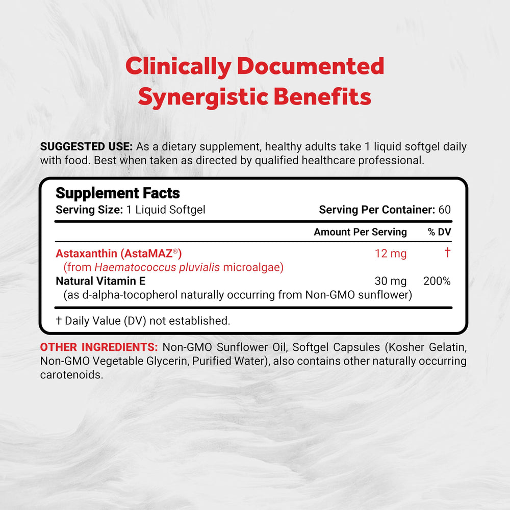 Astaxanthin softgel capsules showcasing 12 mg potency
