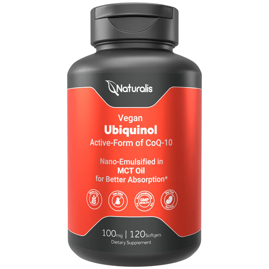 Naturalis Ubiquinol 100mg CoQ-10 emulsified in MCT oil softgel bottle label