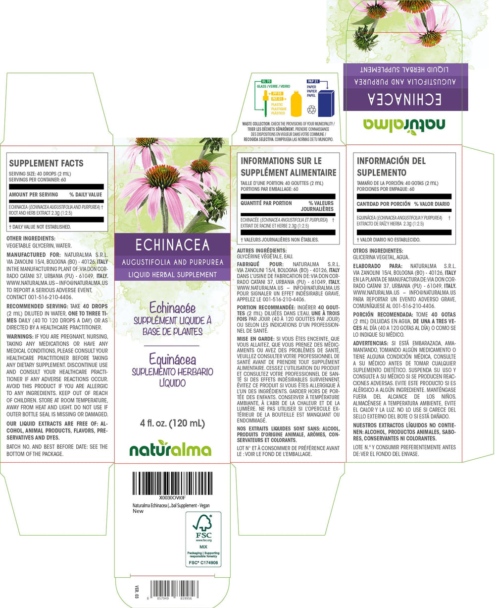 Back label of Naturalma Echinacea tincture bottle, 4 oz