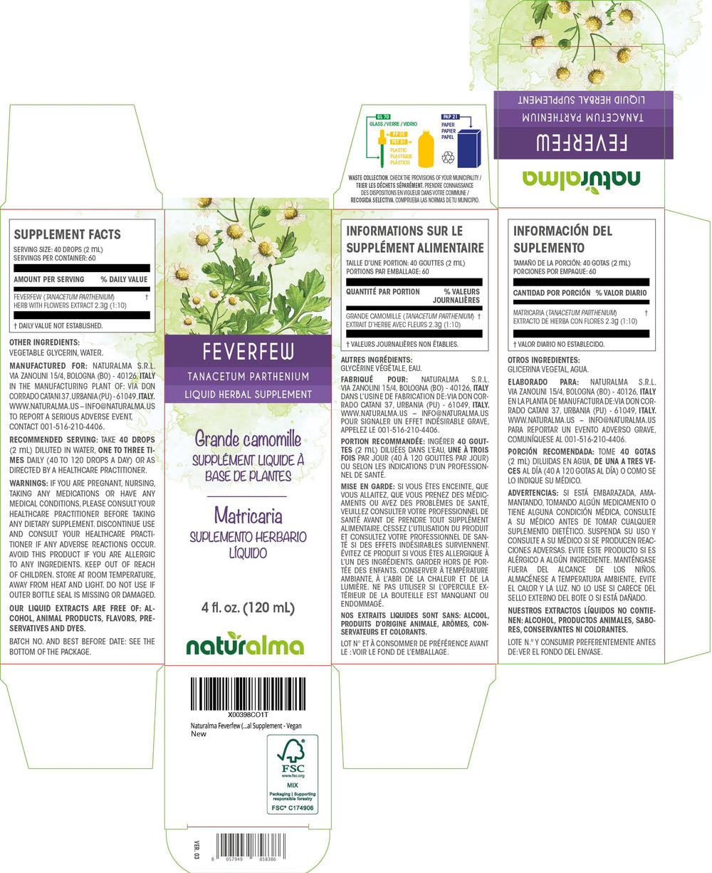 Close-up of Naturalma Feverfew tincture bottle
