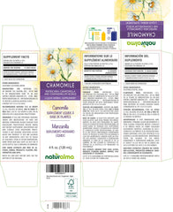 Close-up of chamomile tincture bottle and label