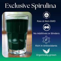 Non-GMO vegan spirulina product benefits icons