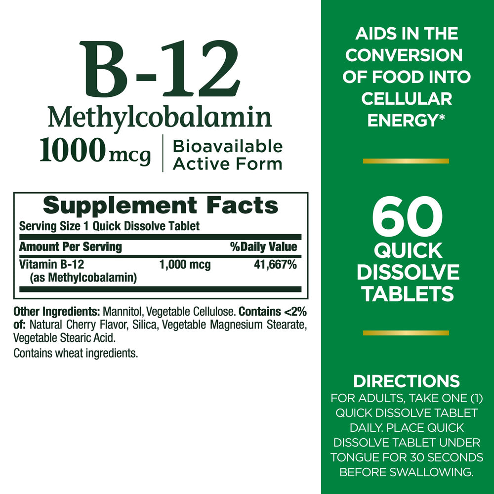 B-12 Quick-Dissolve 1000mcg cherry tablets front view