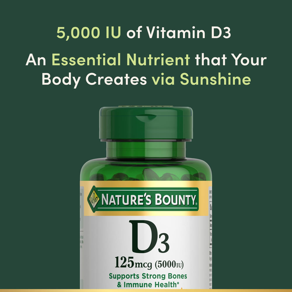 Front label of Nature's Bounty Vitamin D3 5000 IU bottle