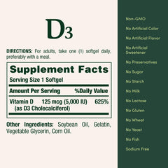Nature's Bounty Vitamin D3 5000 IU bottle with label detail