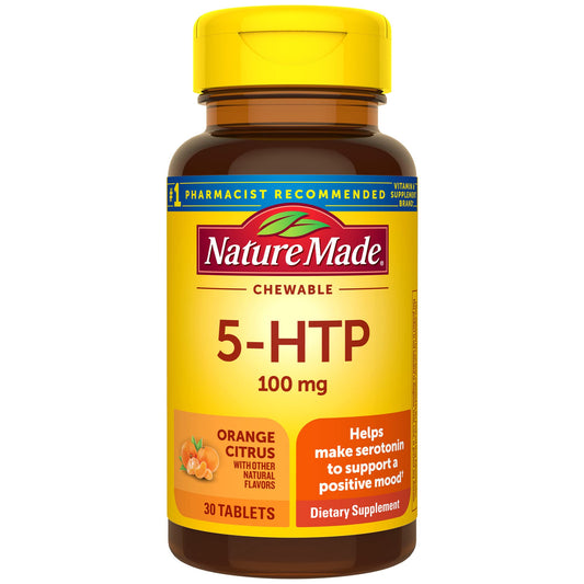 Bottle label of Nature Made 5HTP 100mg chewable tablets