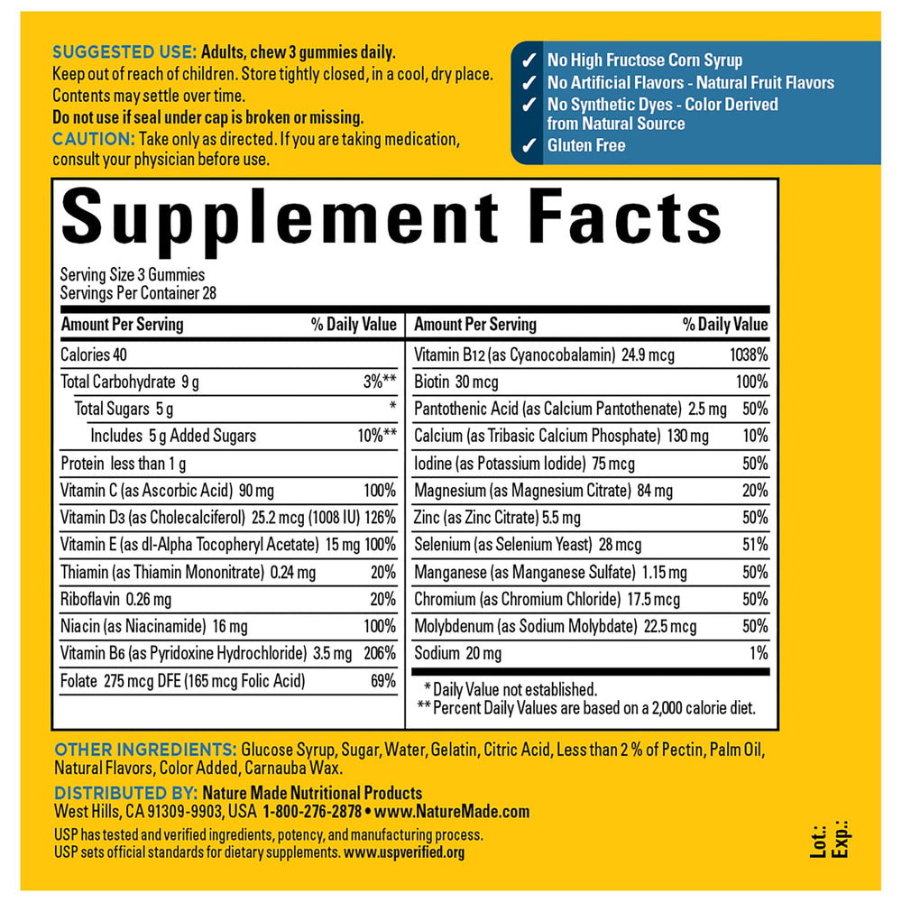 Nutrition facts label for Nature Made 50+ for Him gummies