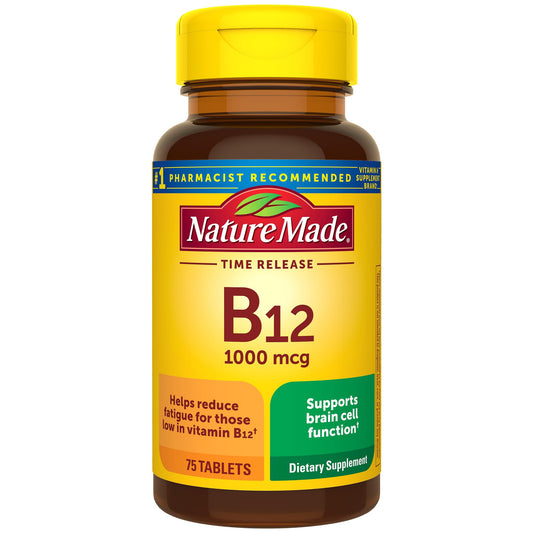 Bottle of Nature Made Vitamin B12 1000 mcg Time Release tablets with 75-day supply