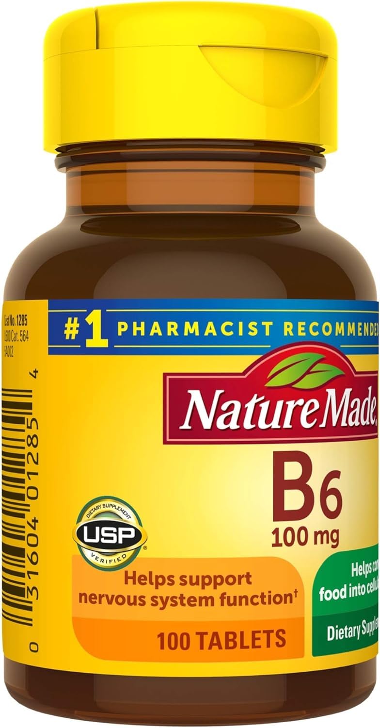 Tablets ready for morning routine in Nature Made B-6 bottle for energy support.