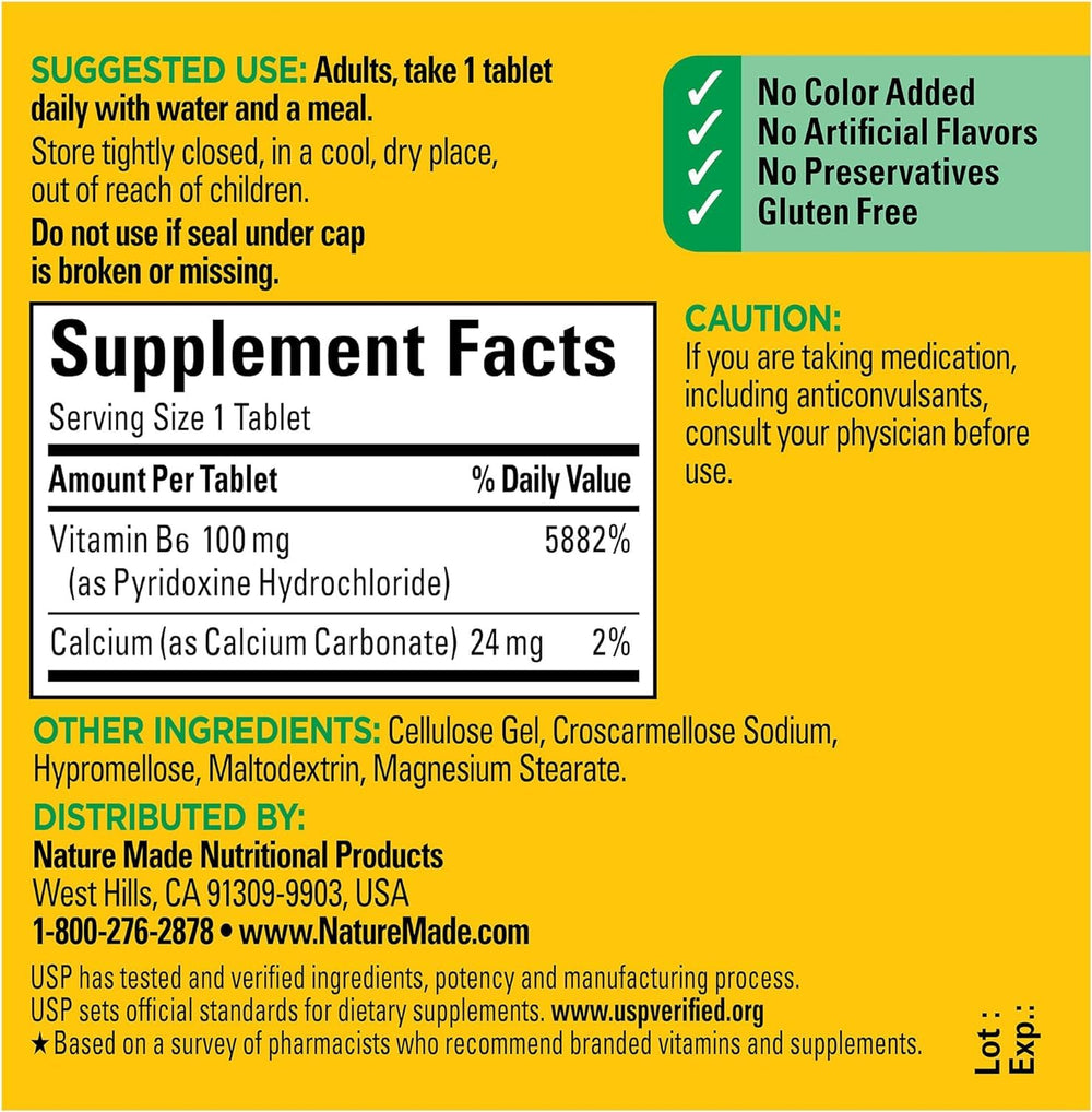 Nature Made B-6 100 mg pack of 4 bottles shows long-lasting supply.