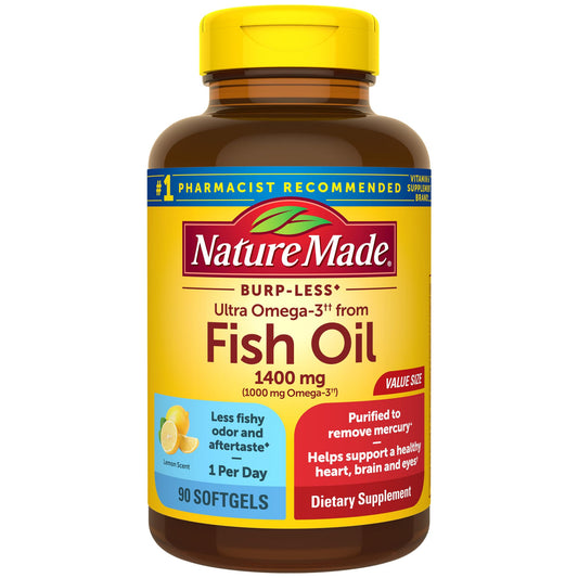 Front view of Nature Made Burp Less Ultra Omega-3 1400 mg bottle with 90 softgels