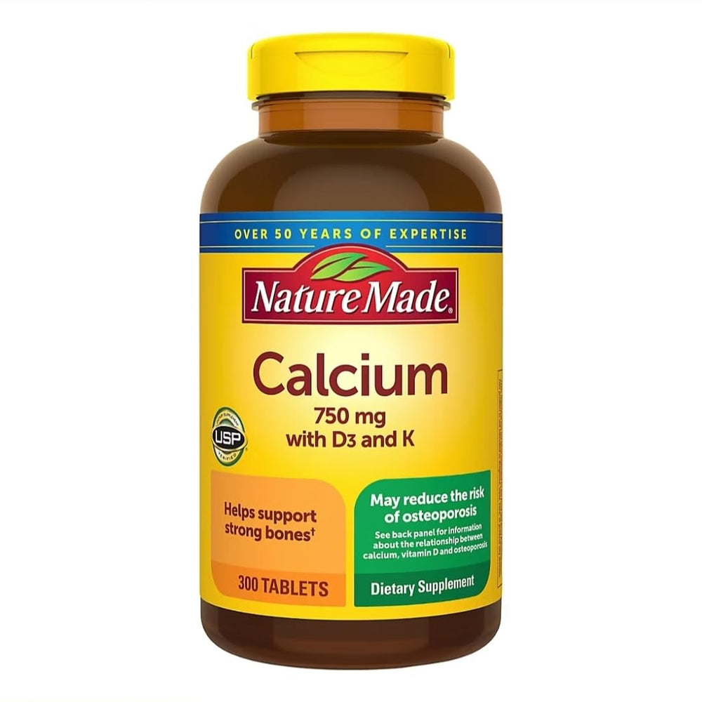 Box and bottle of Nature Made Calcium 750 mg with D3 & K (300 tablets)