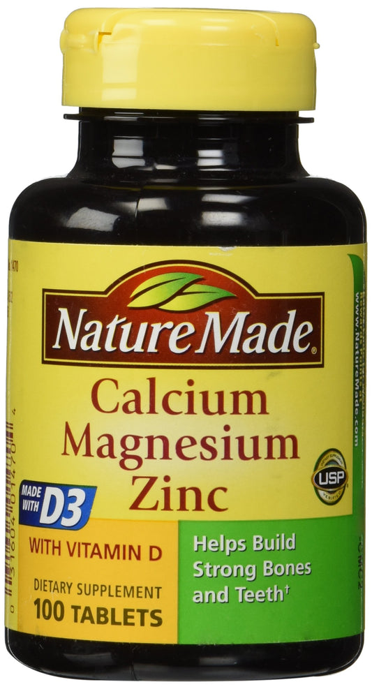 Nature Made Calcium Magnesium & Zinc Tabs bottle front 100 count